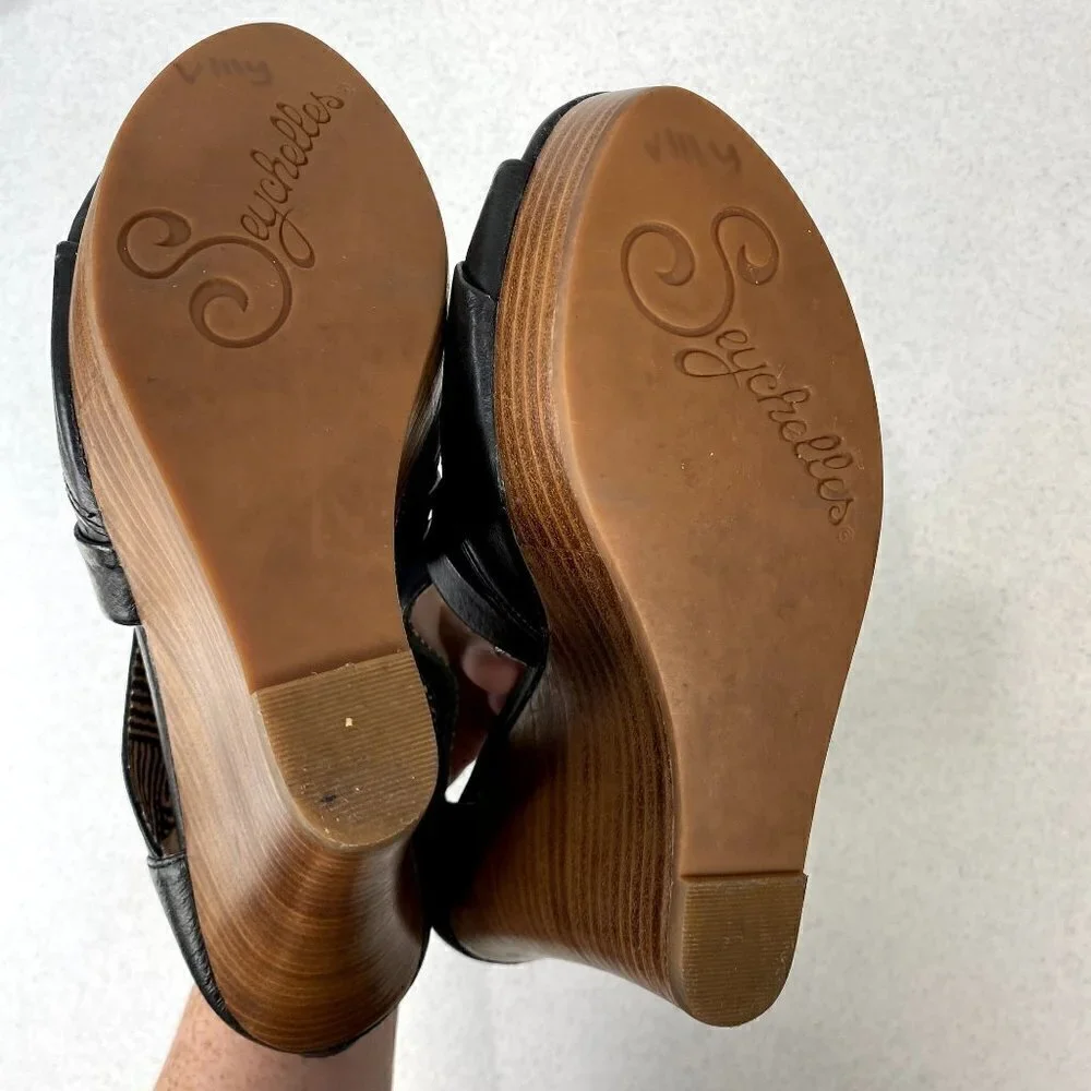 Seychelles Black Leather Risky Business Wedge Sandals 8